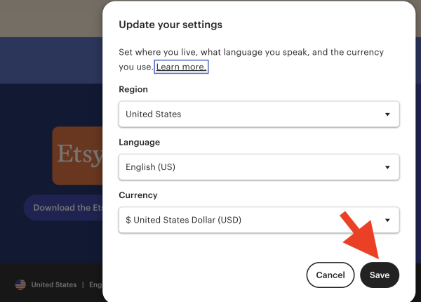 Країна, Валюта, Мова на Etsy як настроїти